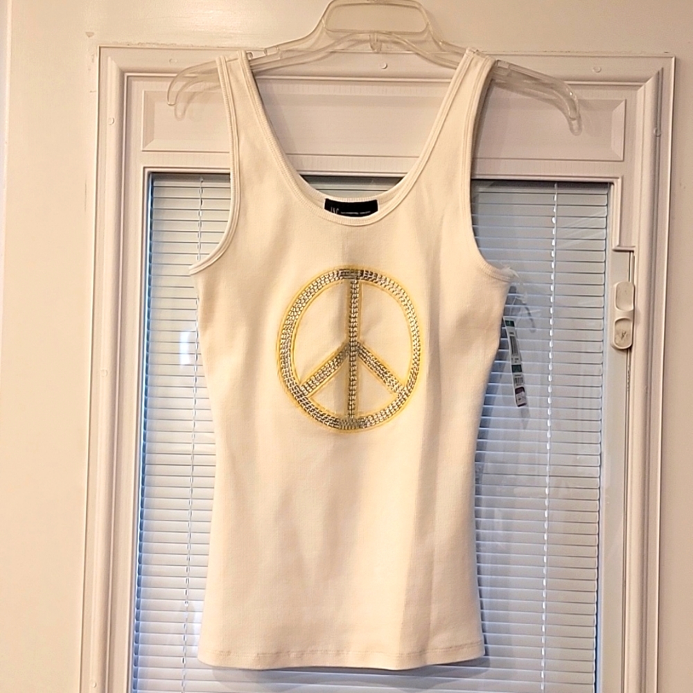 INC white tank top with peace sign. Size Large. NWT